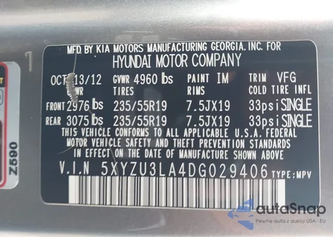 2013 Hyundai Santa Fe Sport 2.0T from USA, damaged, VIN 5XYZU3LA4DG029406